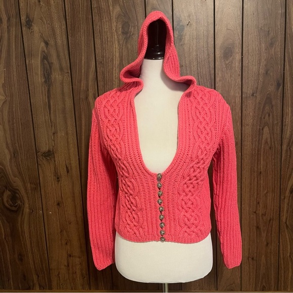 Linda Allard Ellen Tracy Sweaters - Linda Allard Ellen Tracy Pink Chunky Knit Hoodie Button Front Crop Sweater Sz M